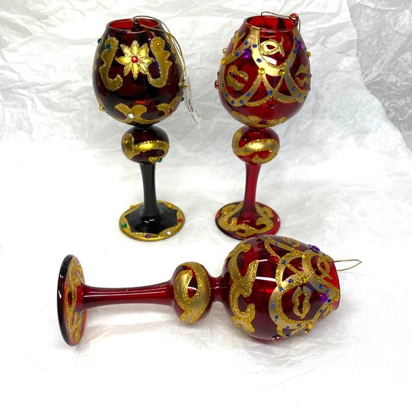Christmas Ornaments in Red Burgundy Wine Glasses with Gold De Set of 3 - Picture 4 of 4